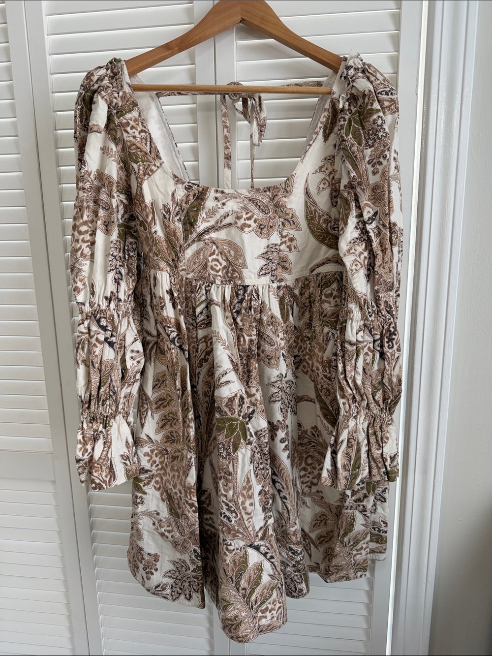 Pilcro Paisley Puff-Sleeve Mini Dress - Cream & Brown